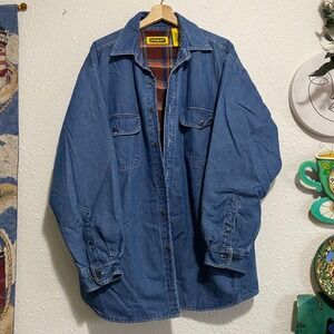 Stanley Mens L Denim flannel lined Work Shirt Jacket Blue Heavy Duty Snap button